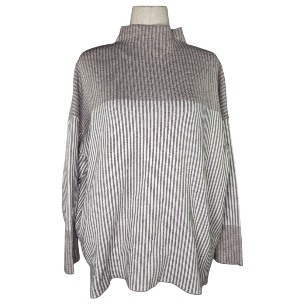 Rachel Zoe Striped Mock Neck Oversized Sweater Taupe Cream Plus Size 2X